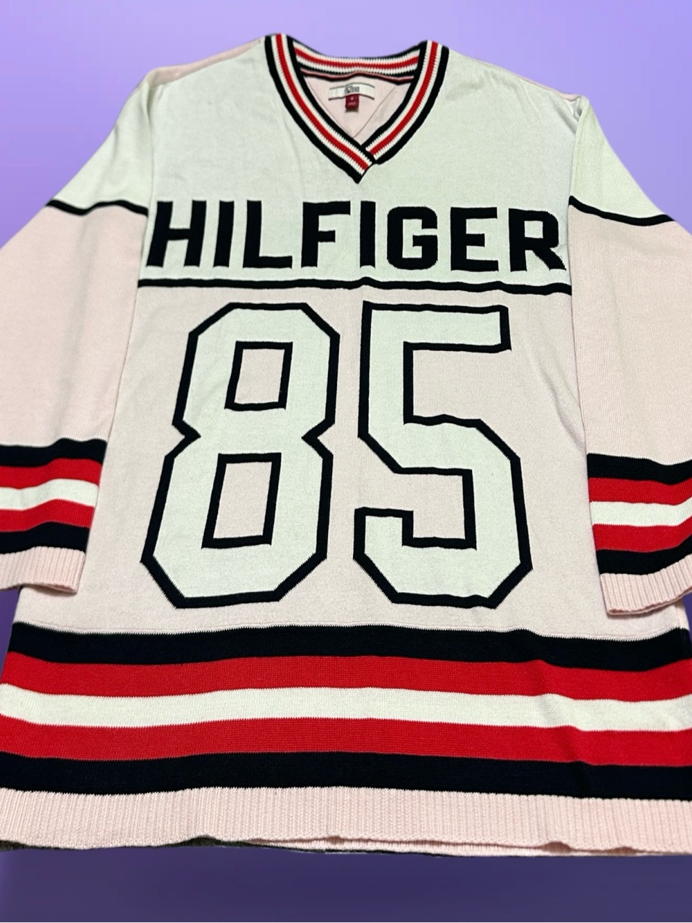 Tommy Hilfiger Pink and Black '85' V-Neck Logo Sweater M